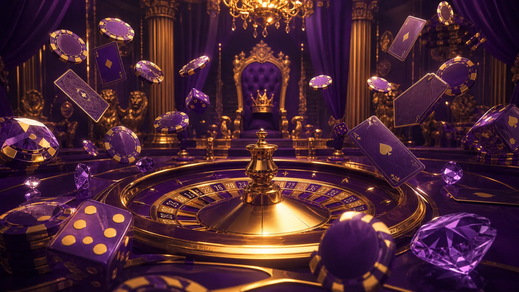 Slotroyals Elegant casino-themed banner for Slotroyals with poker chips and glowing dice in a royal setting.