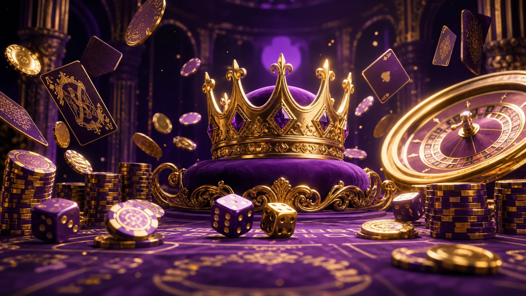 Luxurious casino-themed hero banner for Slotroyals featuring glowing poker chips and ornate playing cards in a rich color pal